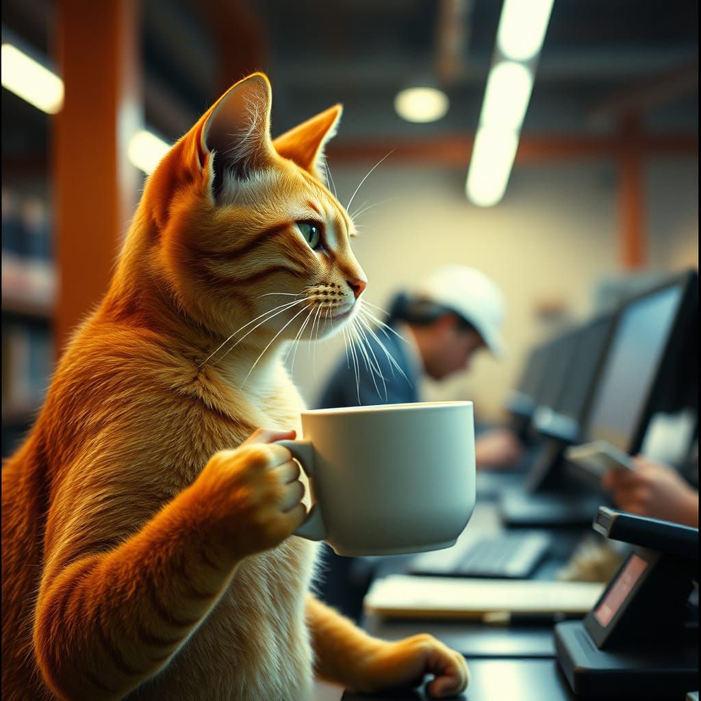 Epic Cinematic Still of Orange Cat Supervising Workers