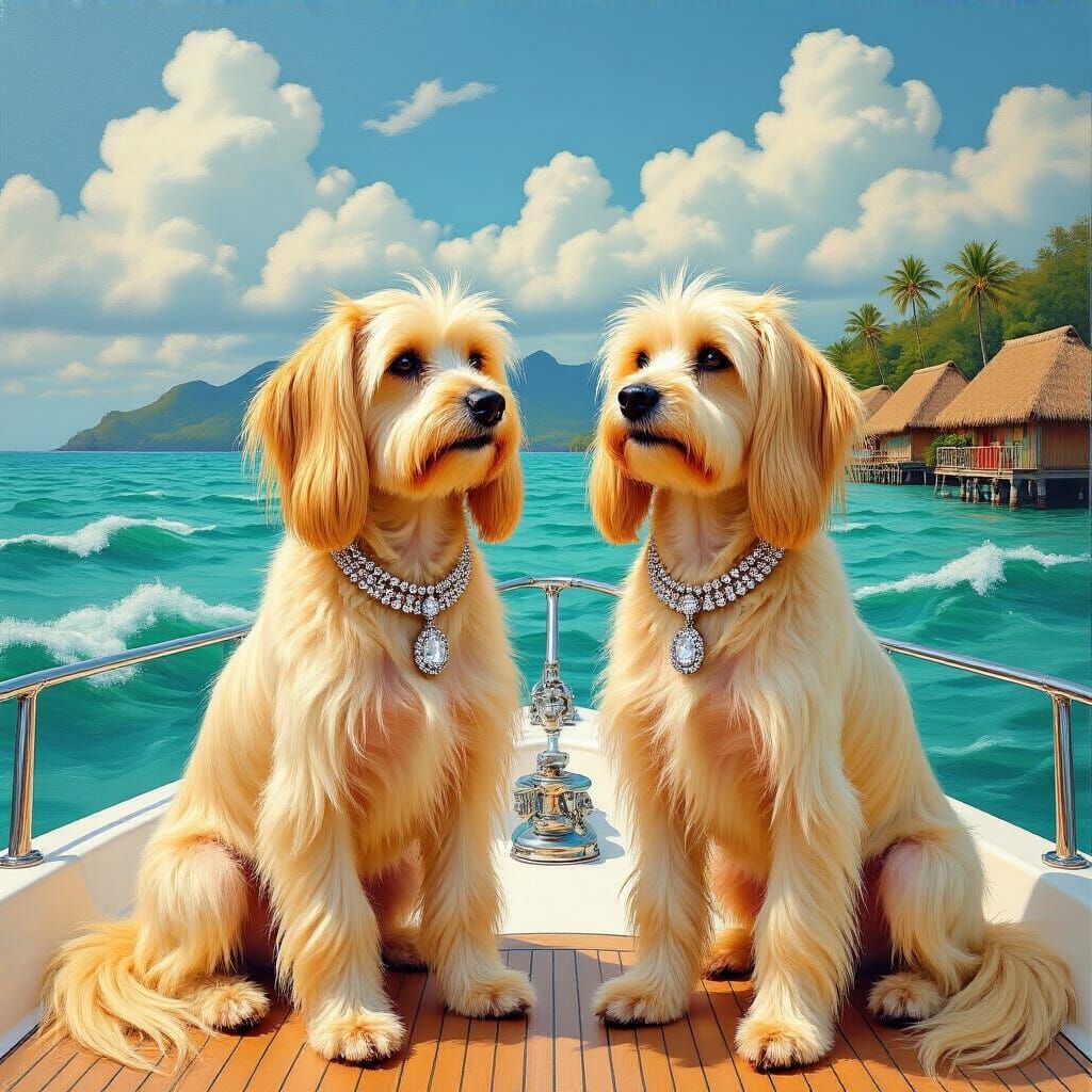 Afghan Dogs on Yacht in Vibrant Modern Art Style
