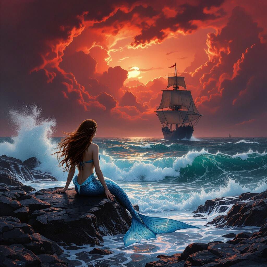 Fantasy Seascape: Mermaid on Rocks Under Crimson Stormy Sky