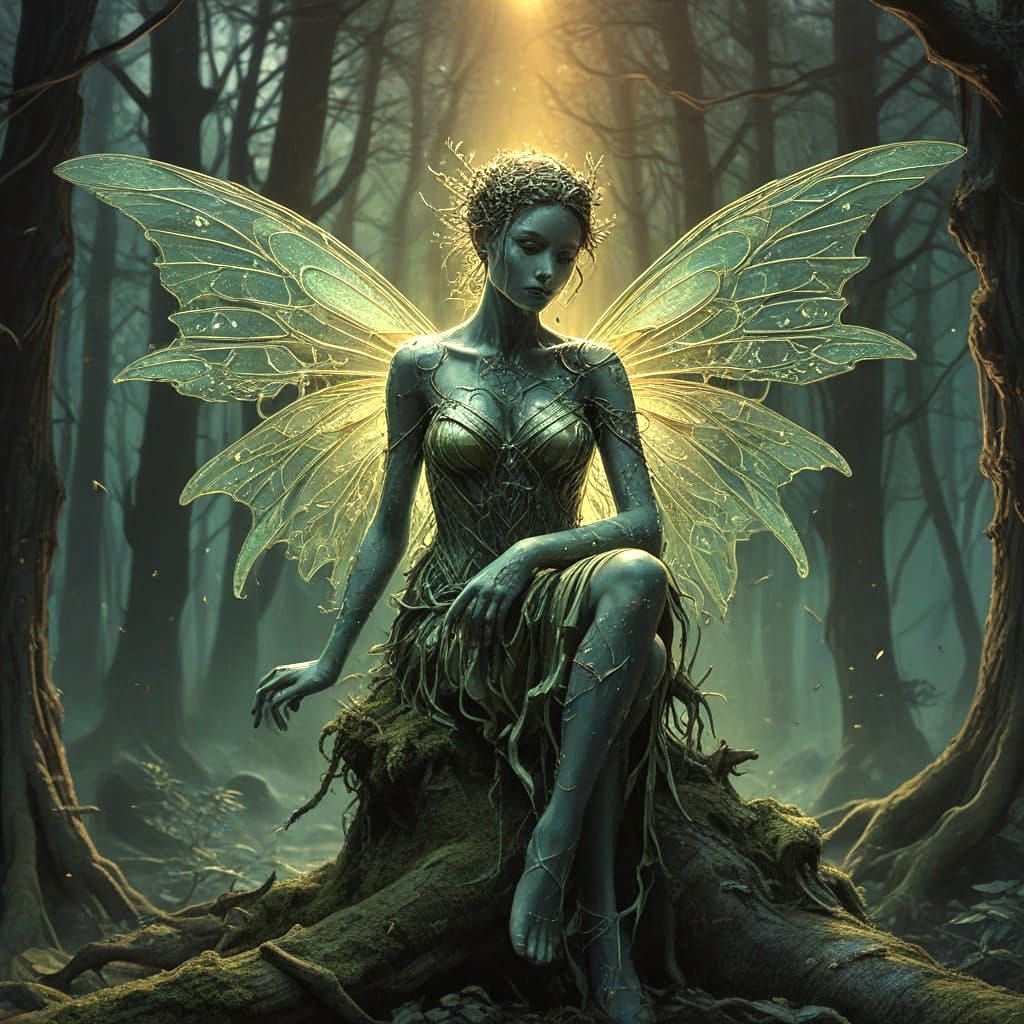 Mystical Fairy in Moonlit Forest, Expressionist Impasto Pain...