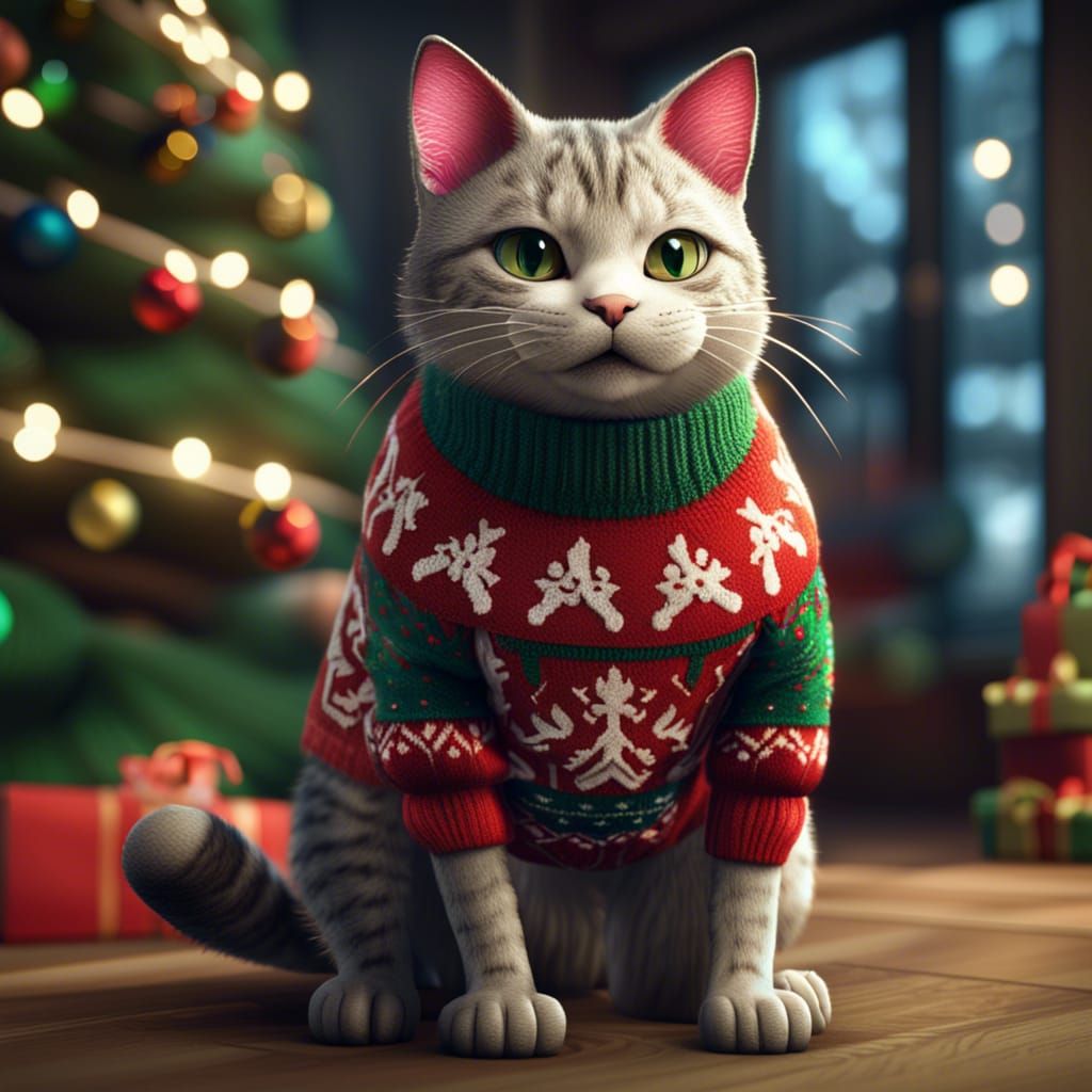 Cat in Christmas Sweater, Detailed Digital Art
