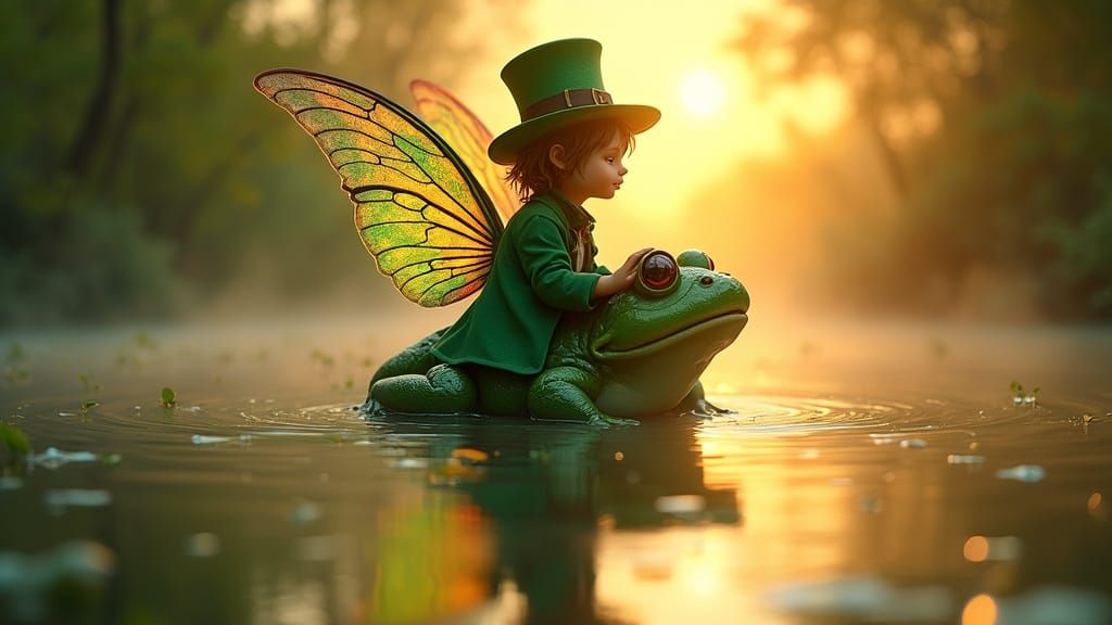 Leprechaun on Frog Rides Sunrise in Silhouette