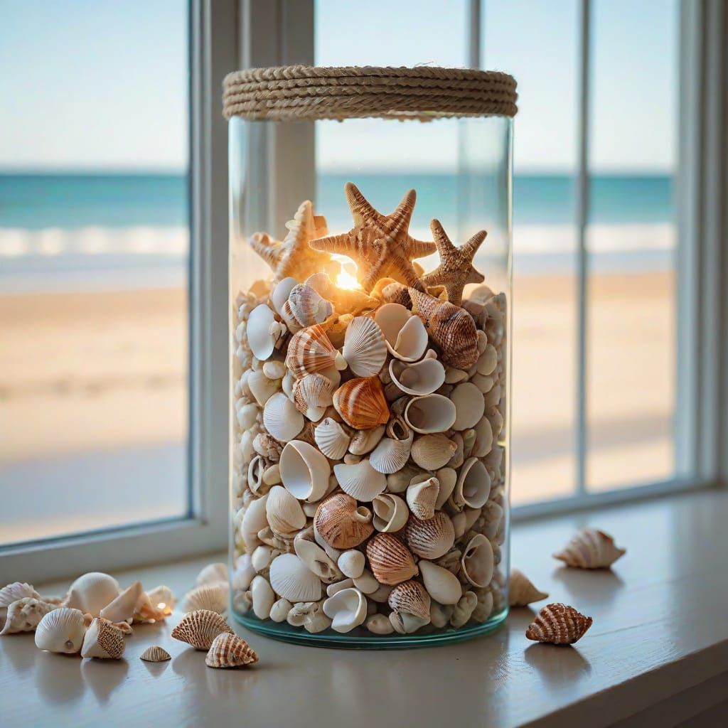 Seashells in Vase by Window in Golden Hour Light