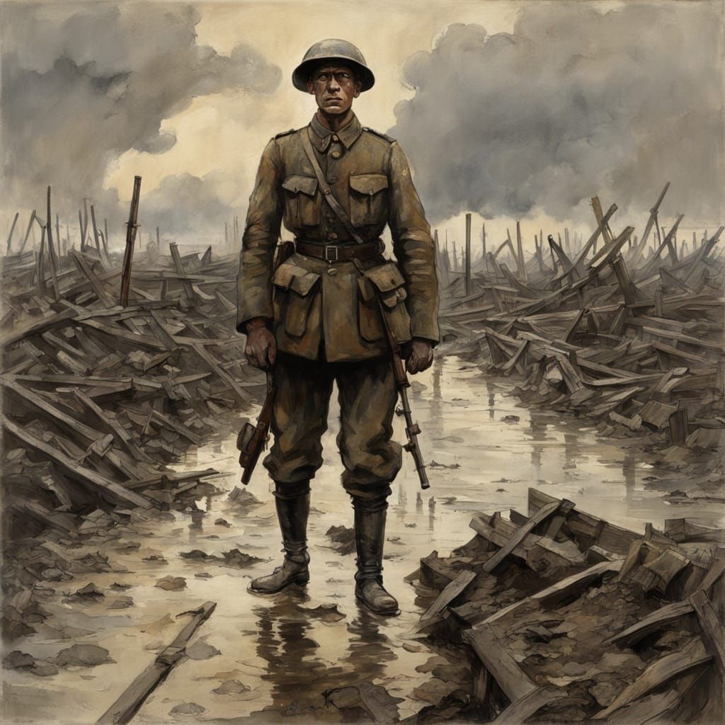 War-Torn Soldier in a Desolate Somme Landscape