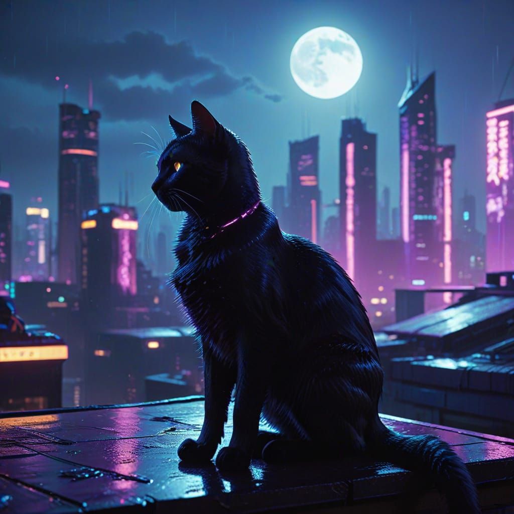 Cyberpunk Cat Silhouette Under the Moon