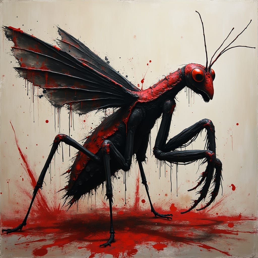 Black Praying Mantis in Expressive Trash Polka Scene