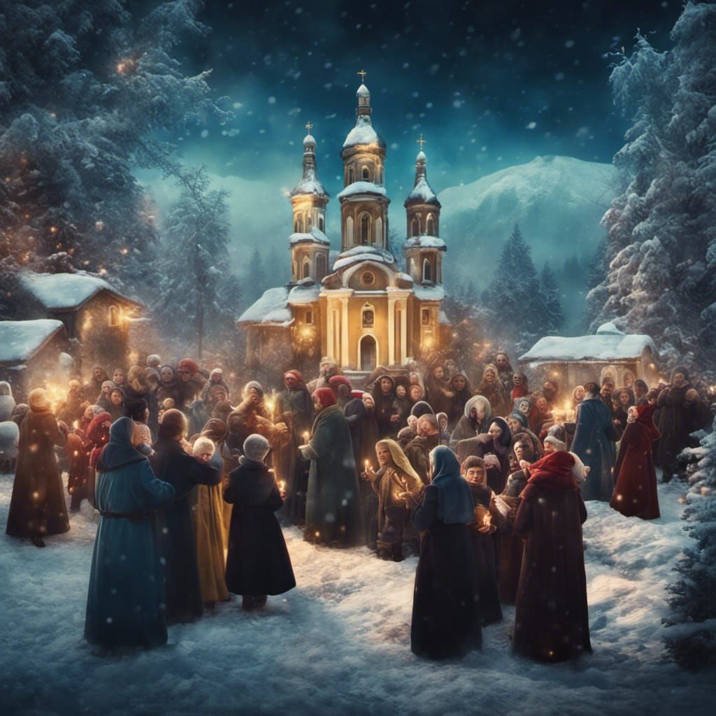 Romanian Christmas Scene with Orthodox Church