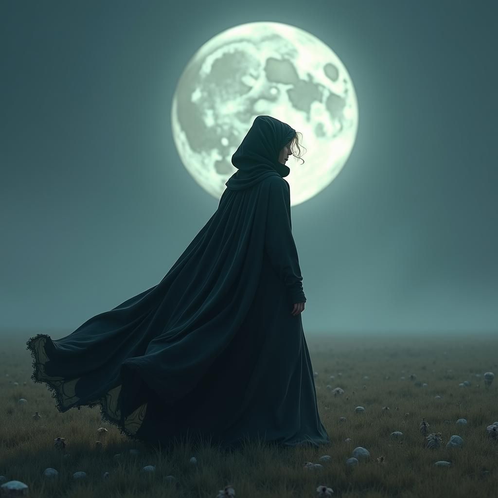 Mystical Woman in Cloak Under Moonlight