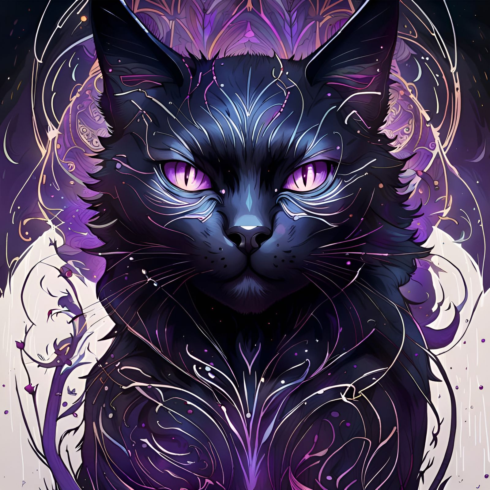 Black Cat Portrait with Purple Fire Aura