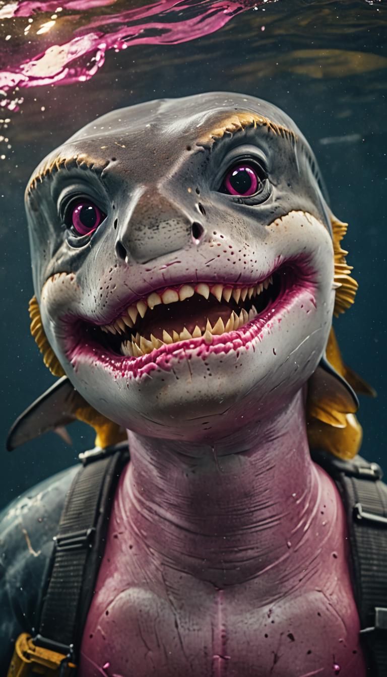 Realistic Magenta and Gold Shark Smiling