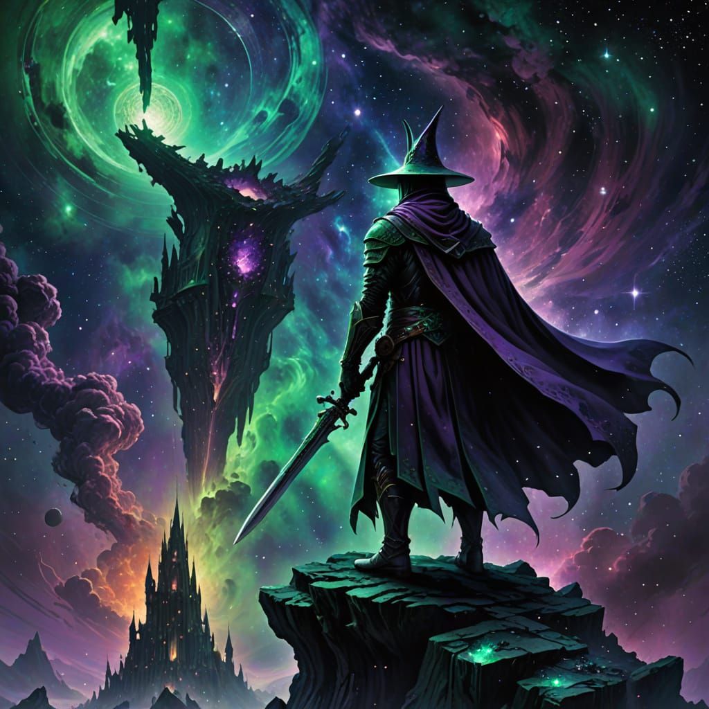 Knight Templar on Obsidian Tower Under Cosmic Nebula