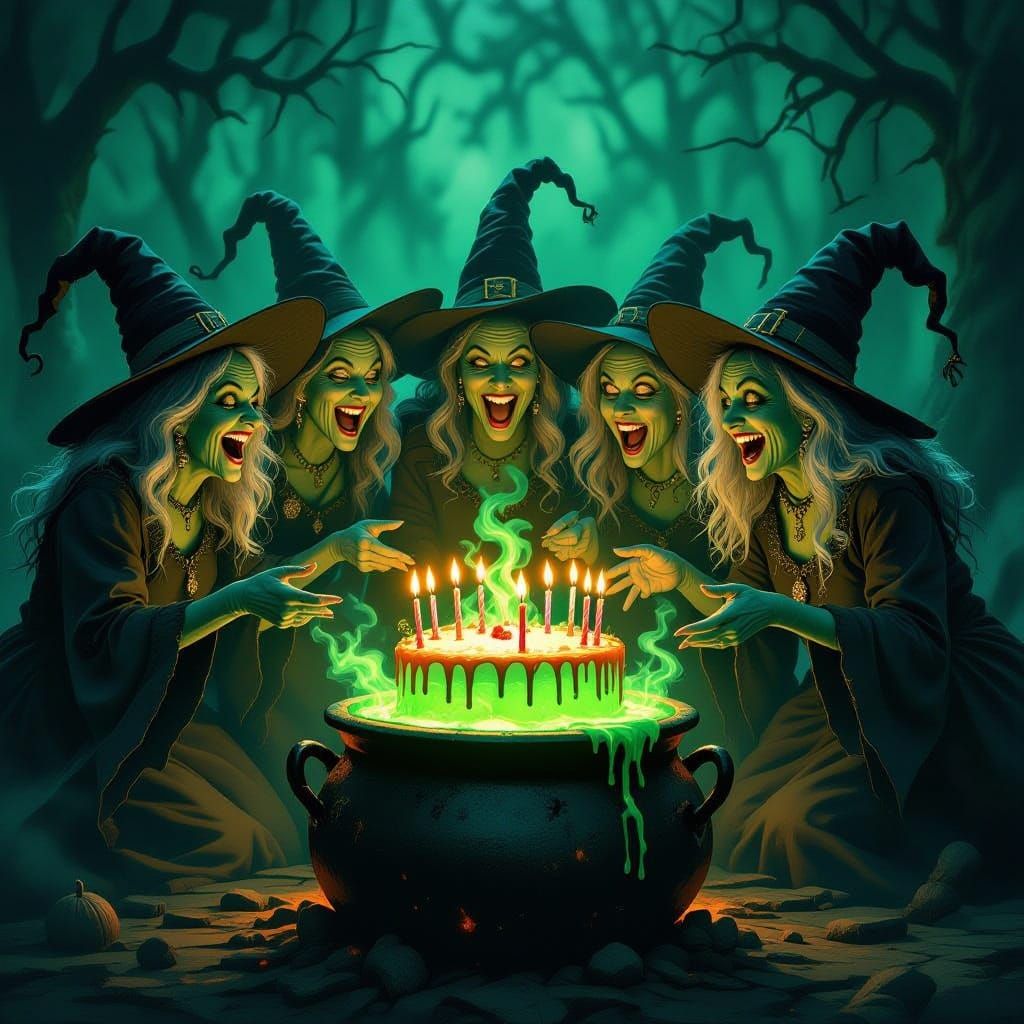 Scary Witches Dance Around Cauldron Cake