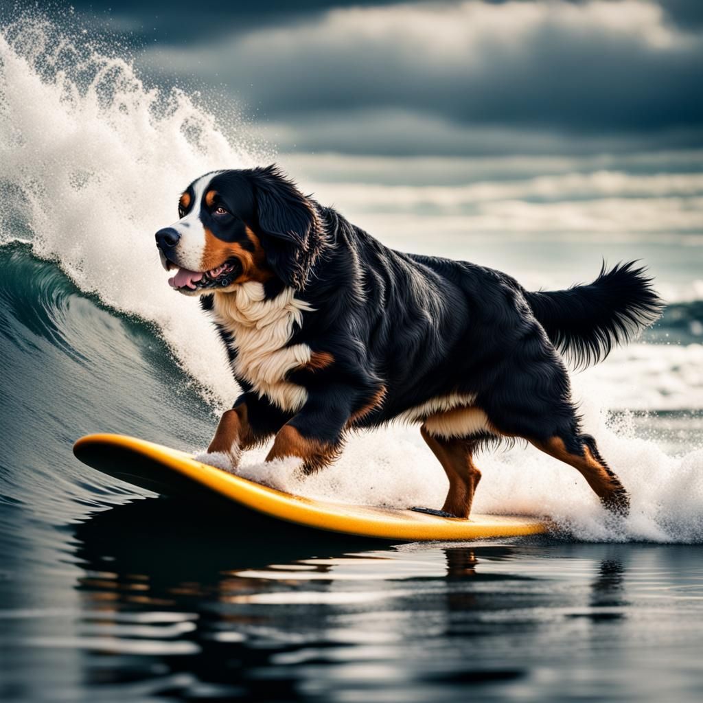 Bernese Mountain Dog Surfing: Hyperrealistic 64 Megapixel Im...