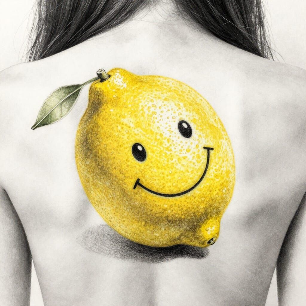 Realistic Smiling Lemon Tattoo on Woman's Back