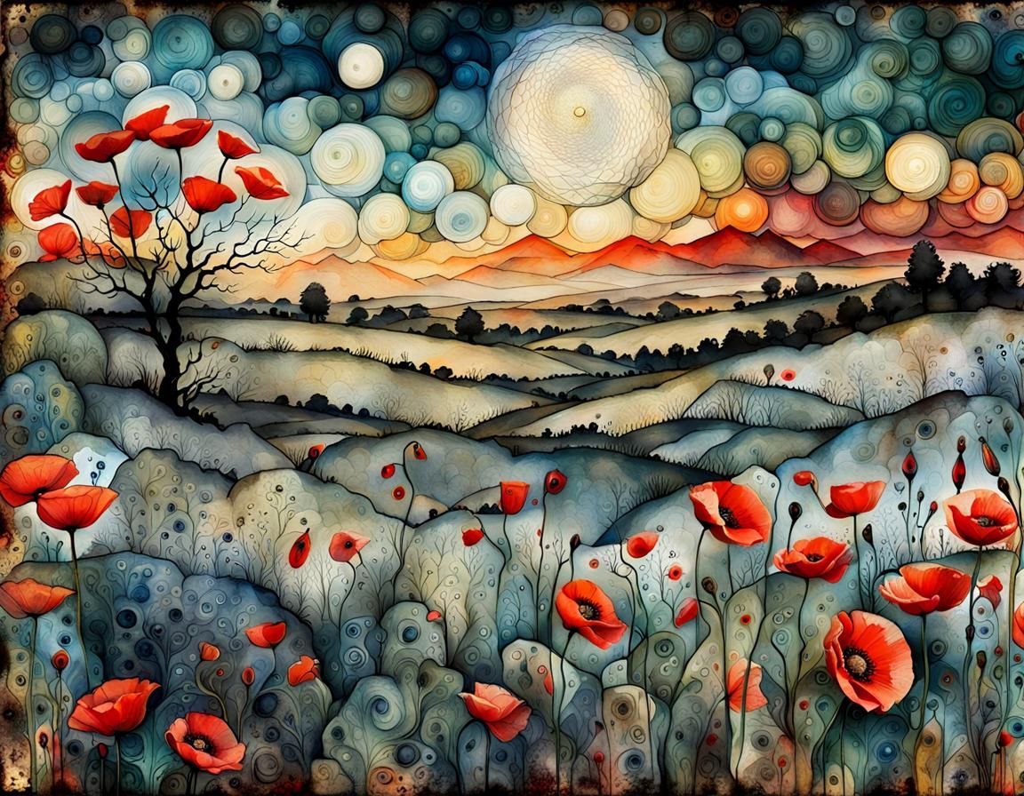Red Poppies on Vintage Paper With Mixed Media