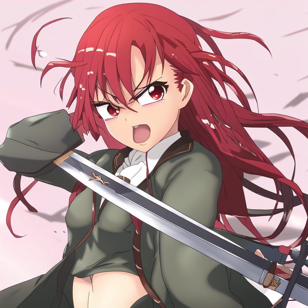Angry Red-Haired Girl with Sword in Anime Style