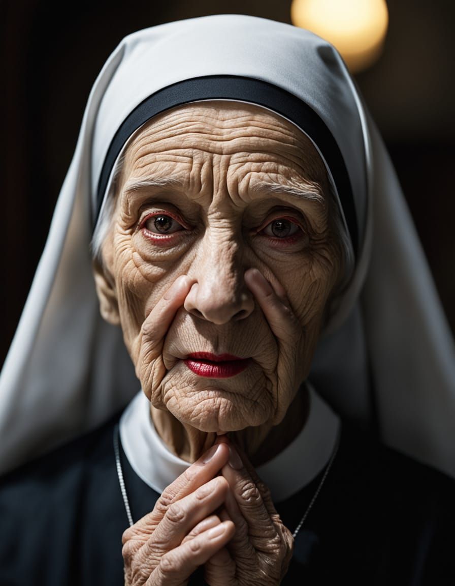 Photorealistic Portrait of Melancholic Nun with Vibrant Lips