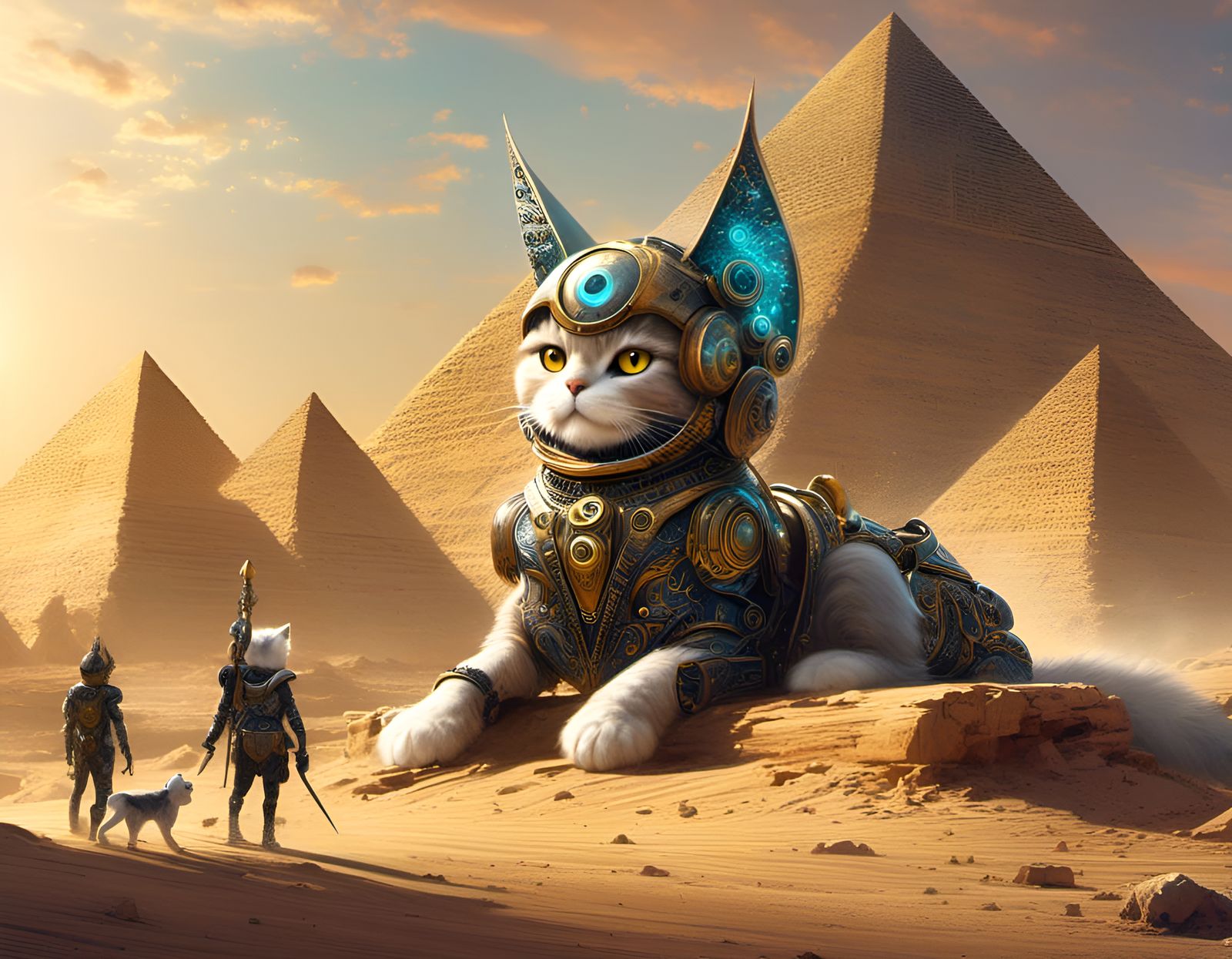Surreal Mechanoid Cat Anubis in Desert Temple