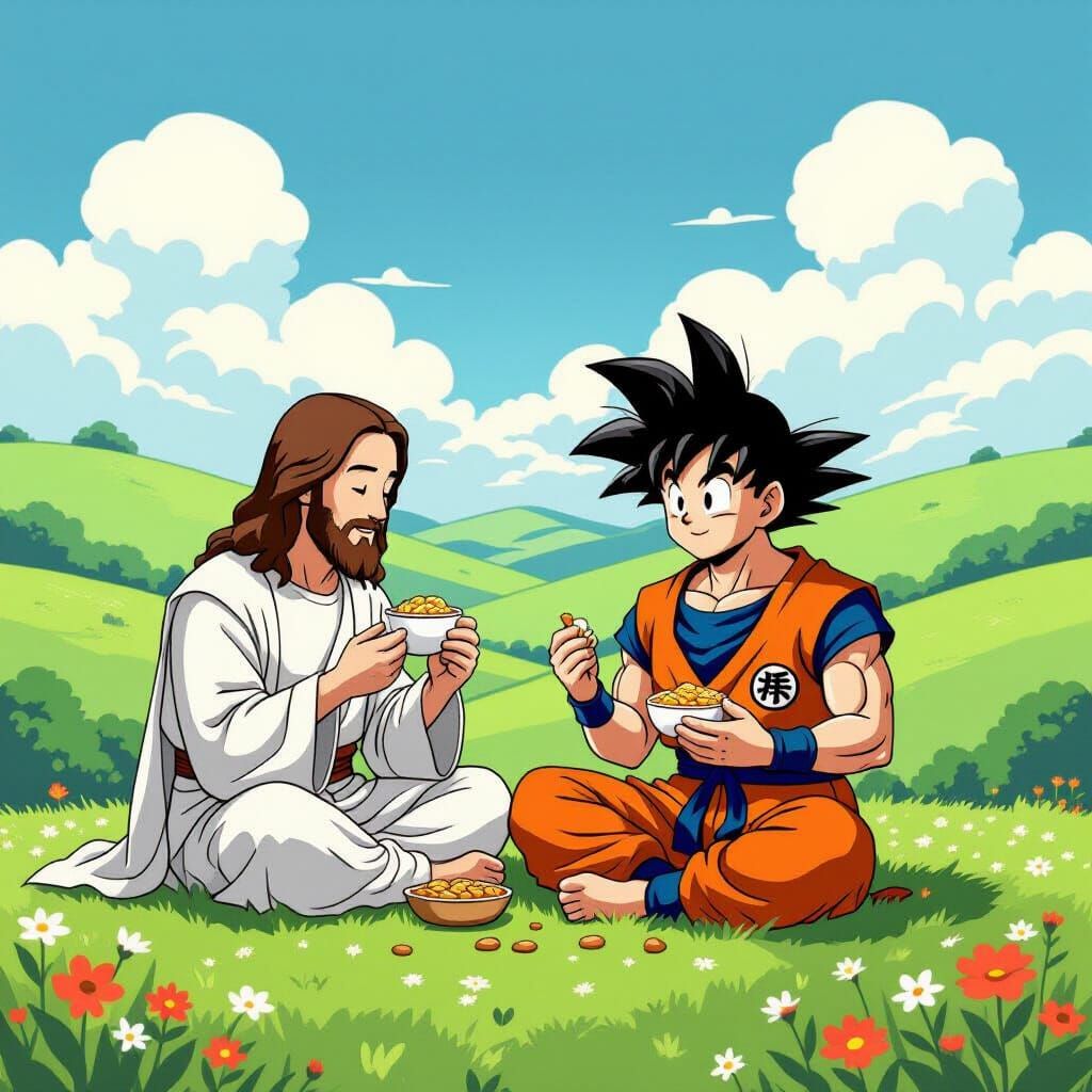 Jesus and Goku Share a Snack in Anime Style
