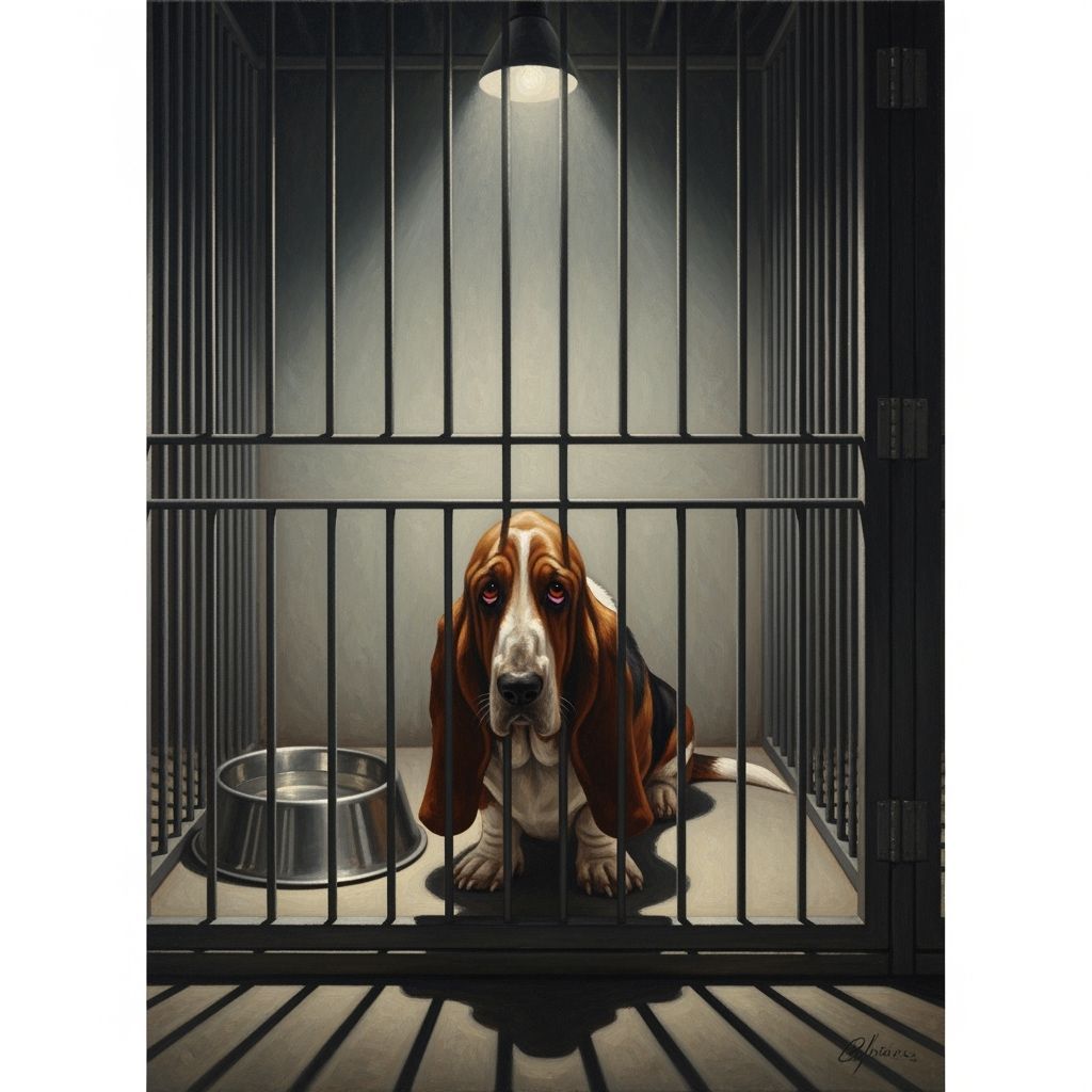 Sad Basset Hound in Shelter Oil Painting