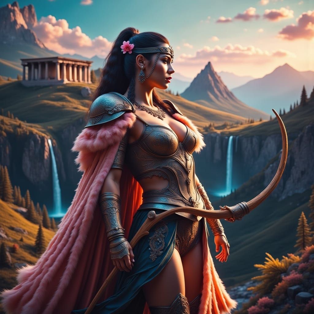 Amazonian Warrior Queen Aims Bow Near Greek Temple