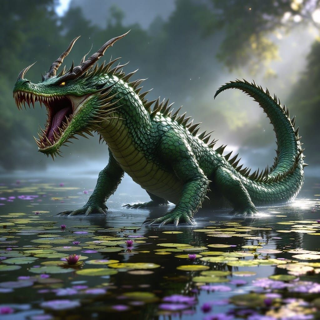 Green Caiman Dragon Hybrid Rises From Lake