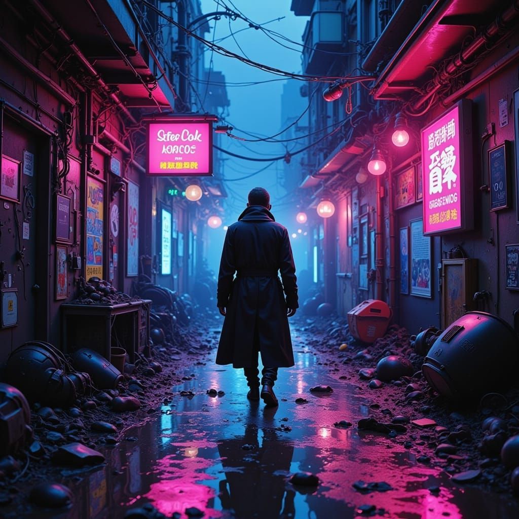 Cyberpunk Alleyway with Lone Figure in Neon Rain