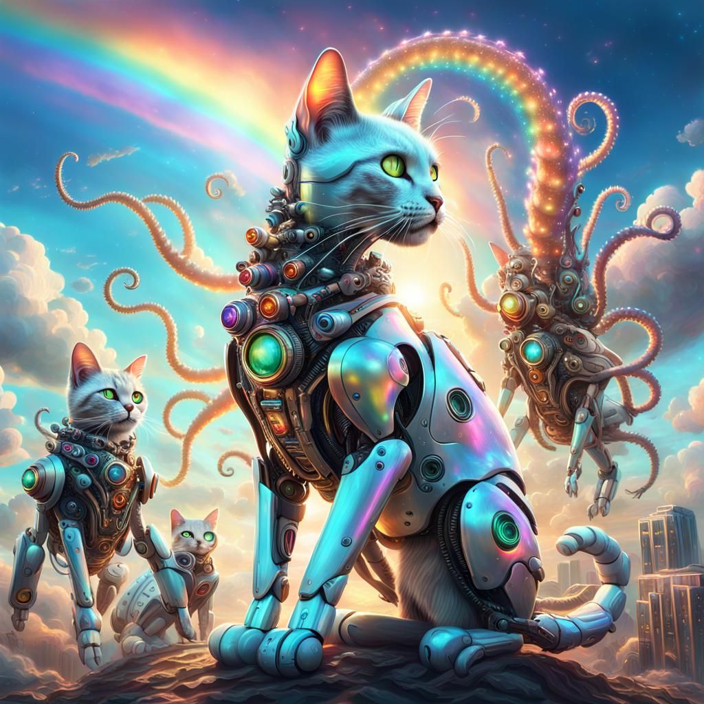 Robotic Feline Goddess Reigns Over Robot Felines in Vibrant...