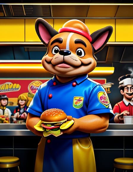 Cartoon Dog Boss in Retro Restaurant