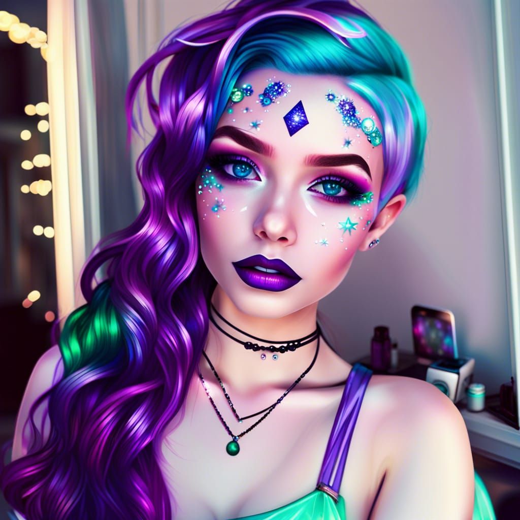 Ethereal young lady with purple Galaxy hair with blue highli...