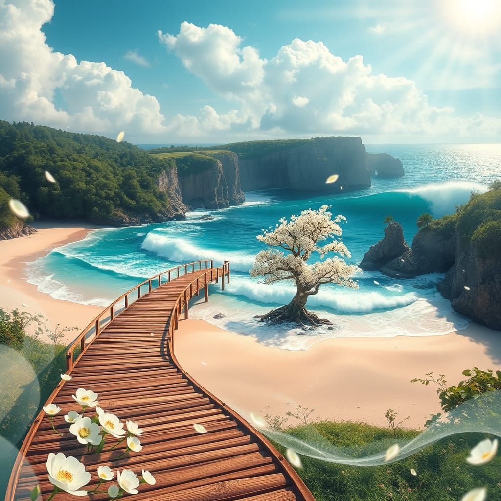 Whimsical Beachside Bridge in Abstract Fractal Style