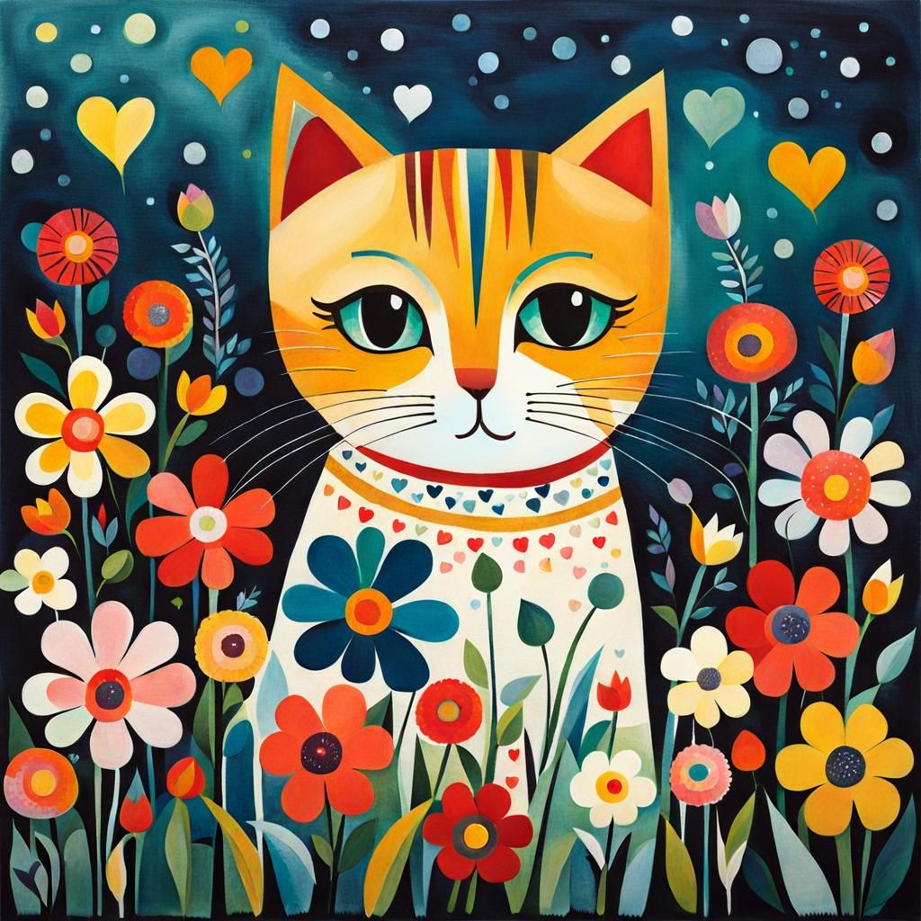 Cute Cat Surrounded by Flowers in Naive Art Style