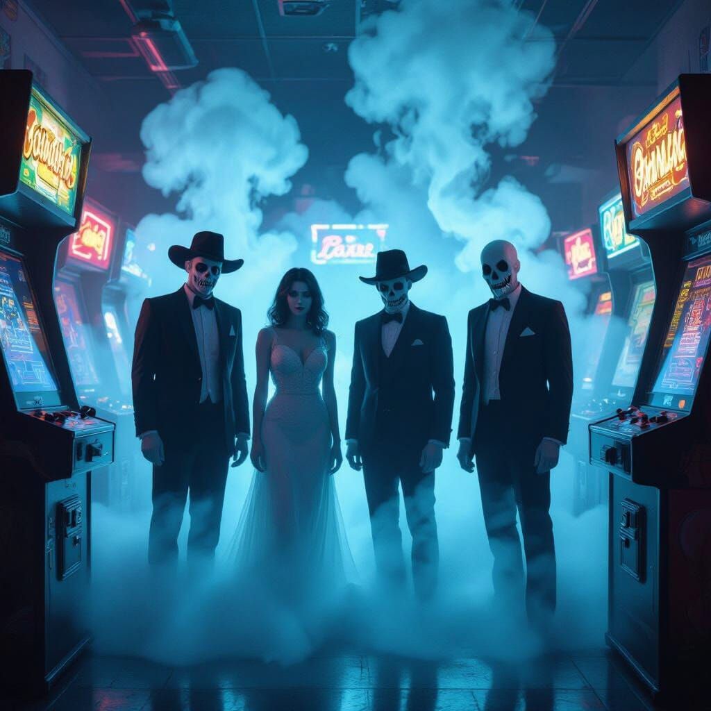Ethereal Animatronic Spirits in Dimly Lit Arcade