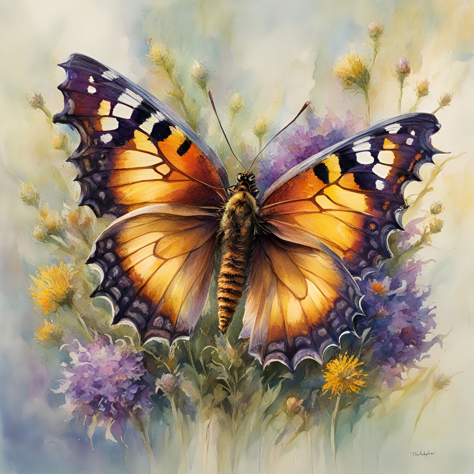 Polychromatic Butterfly on Wildflower in Watercolor Style