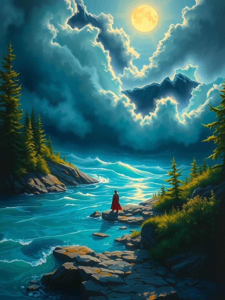 Stormy Lake Reflecting Moonrise, Expressive Oil Painting