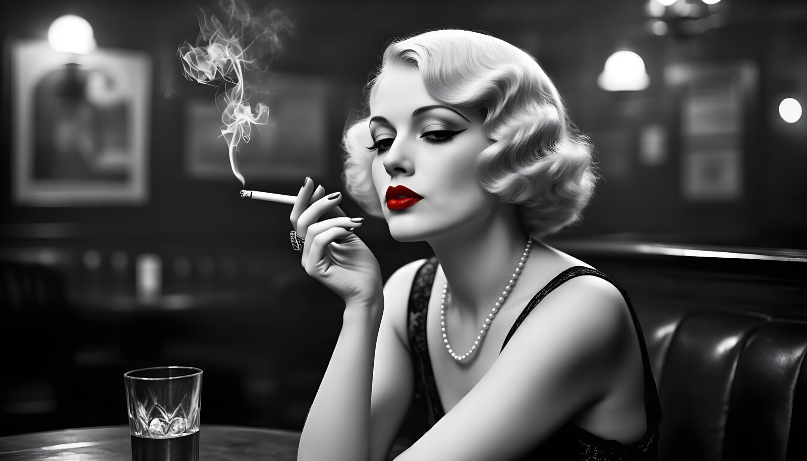 1920s Blonde Woman Smoking in Black and White