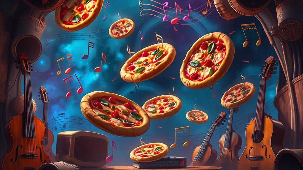 Surreal Pizzas with Musical Notes in Fantasy Art Style
