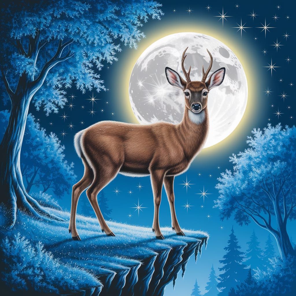 Mystical Deer in Moonlight, Oil Painting Style