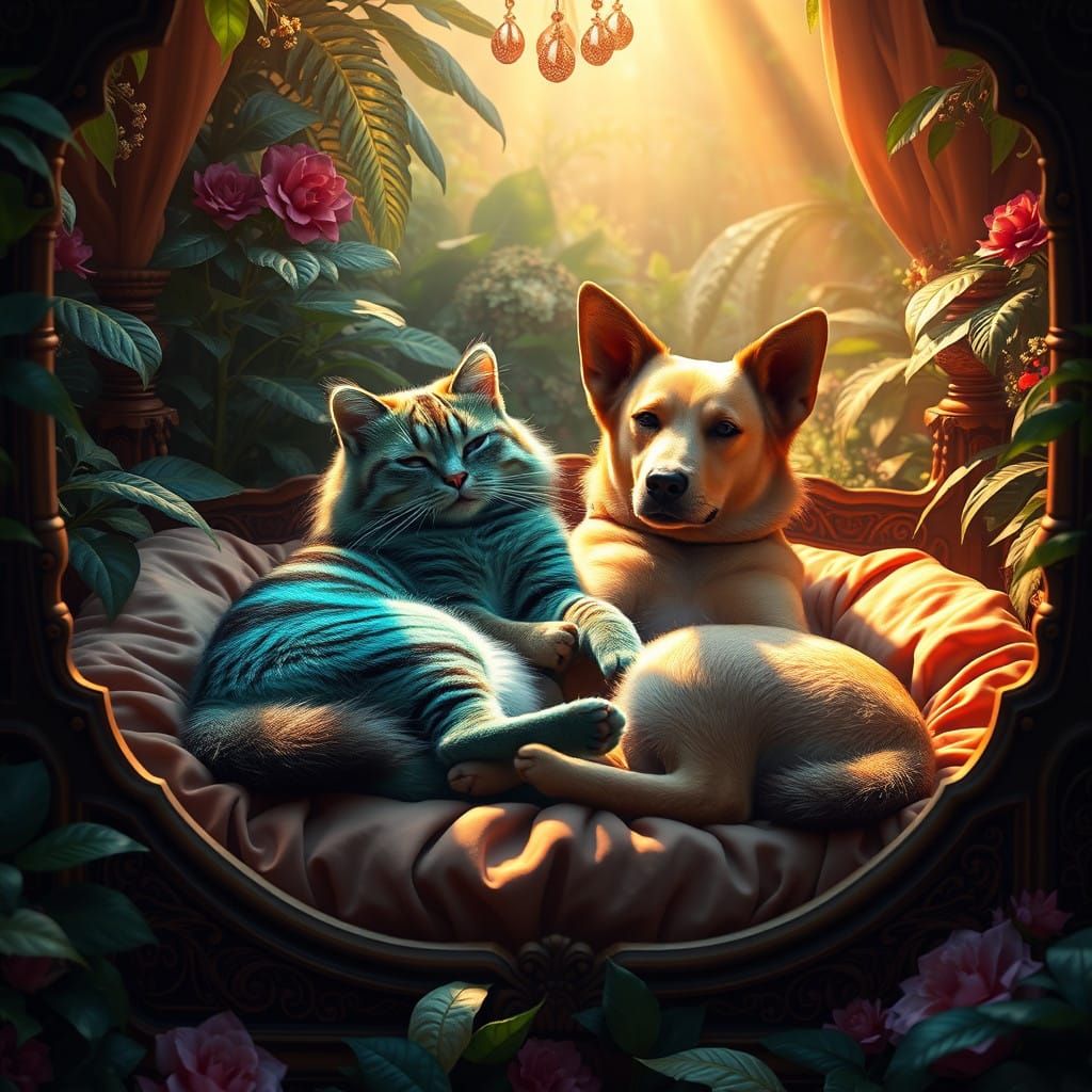 Fantasy Feline Canine Duo in Velvet-Draped Bed
