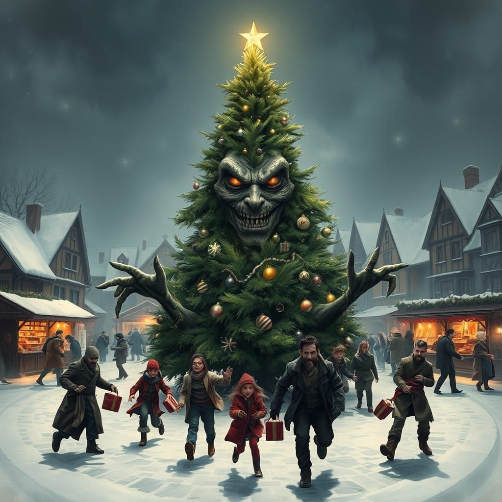 Sinister Christmas Tree Beckons in Shaded Town Square