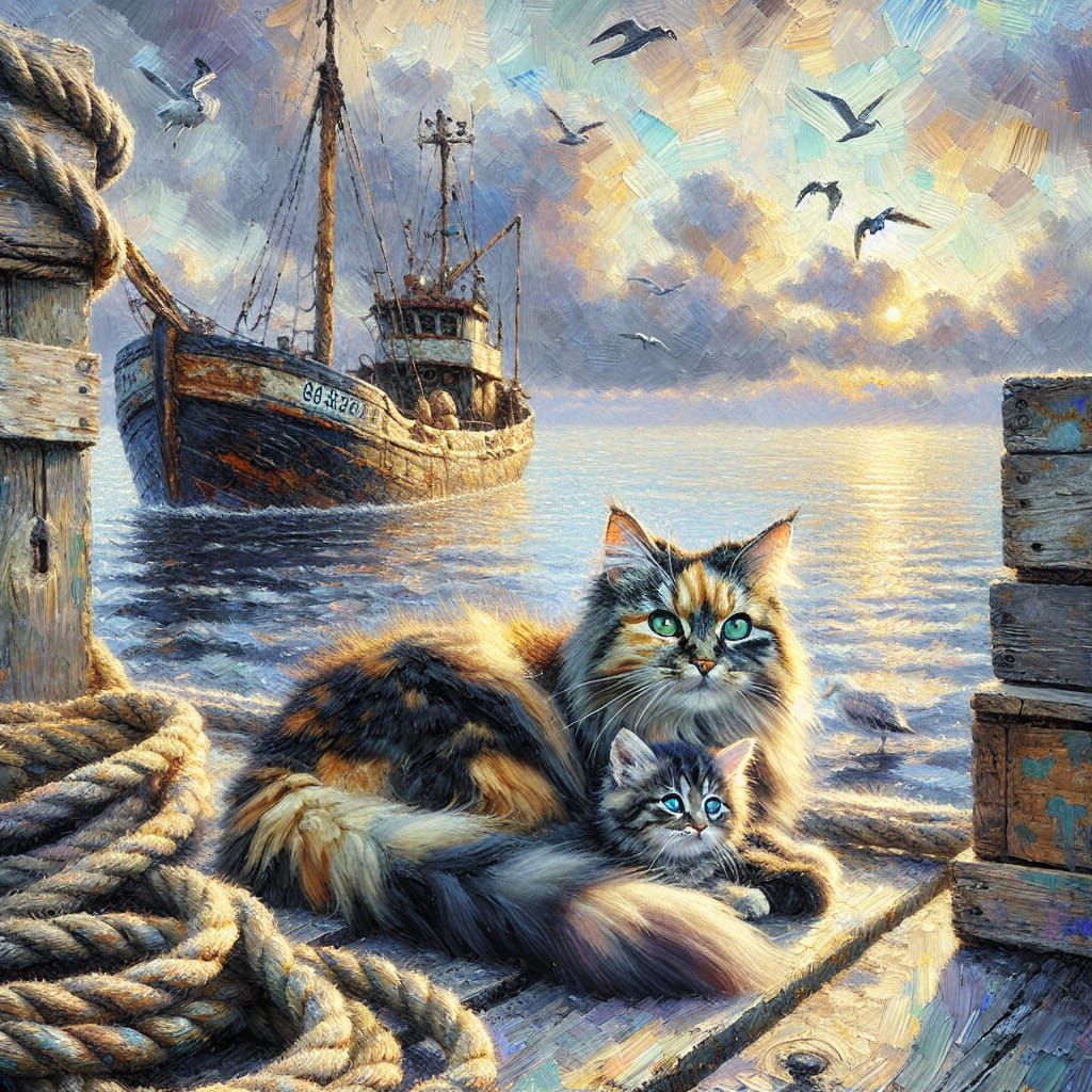 Cats Snuggle on Dock at Sunrise as Impasto Oil Painting