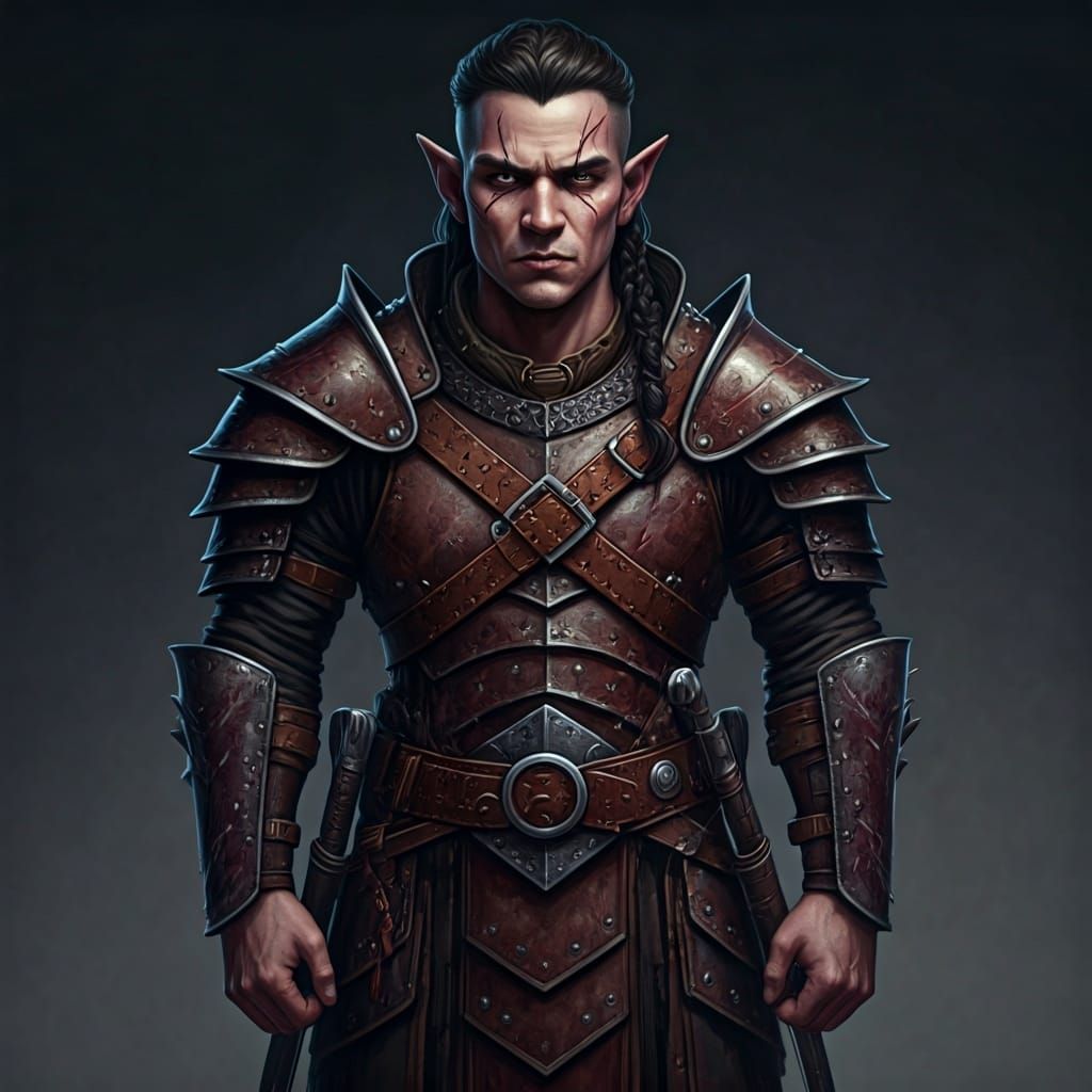 Muscular Drow Warrior with Scarred Face and Leather Armor