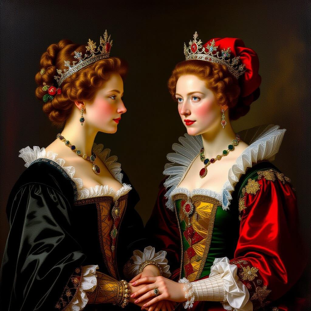 Maria Stuart and Queen Elizabeth I, 16th Century Historic Pa...