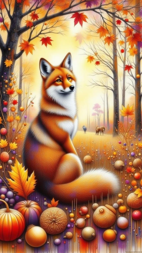 Autumn Coyote in Prairie Gouache Watercolor Painting