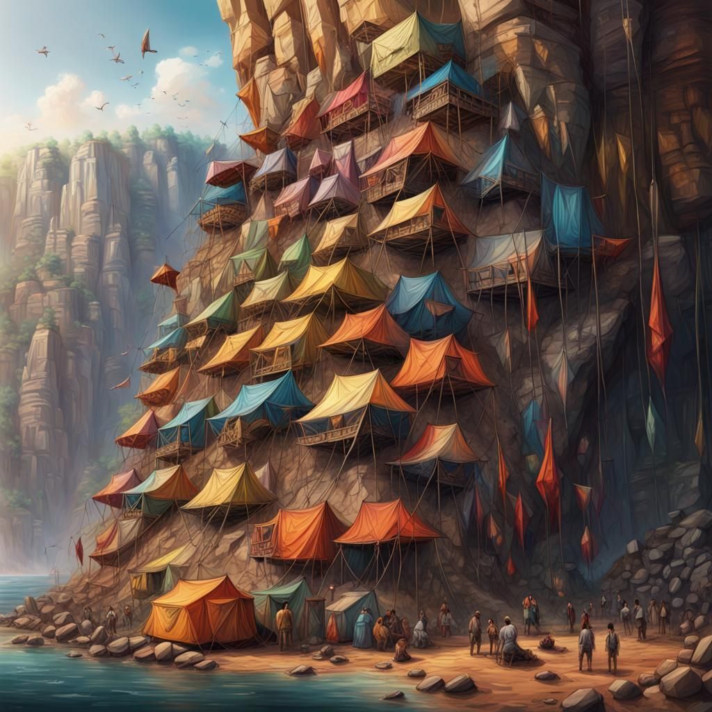 Vertical Tribal City on Cliff Face in Splash Art Style