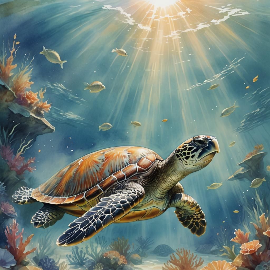 Sea Turtle in Misty Ocean Paradise: Watercolor Style