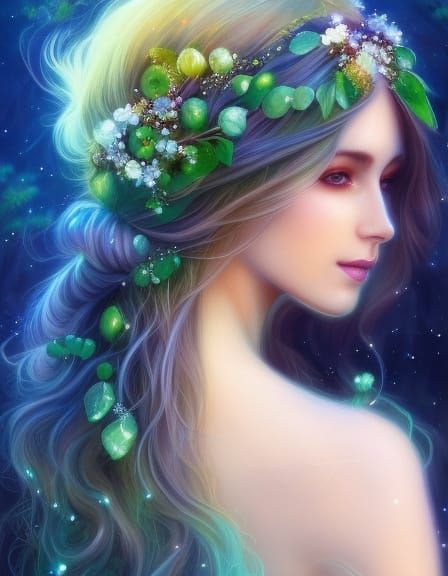 Beautiful Dryad with Green Hair and Maple Tree