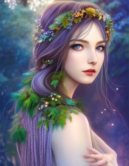 Beautiful Dryad with Green Braids in Summer