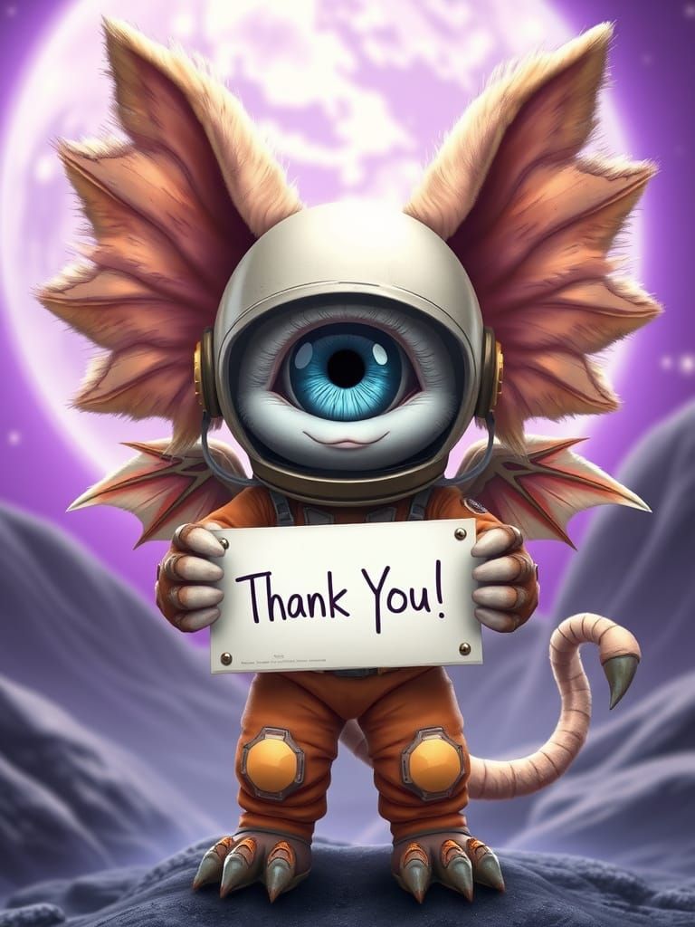 Cute Cyclops Alien Holding Thank You Sign in Space Suit