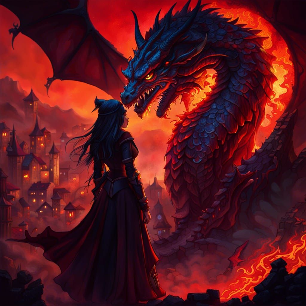 Dragon Warrior and Scarlet Witch in Burning Town